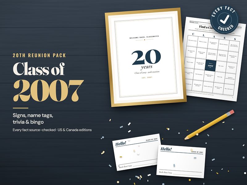 Class of 2007 reunion pack: signs, name tags, trivia and bingo